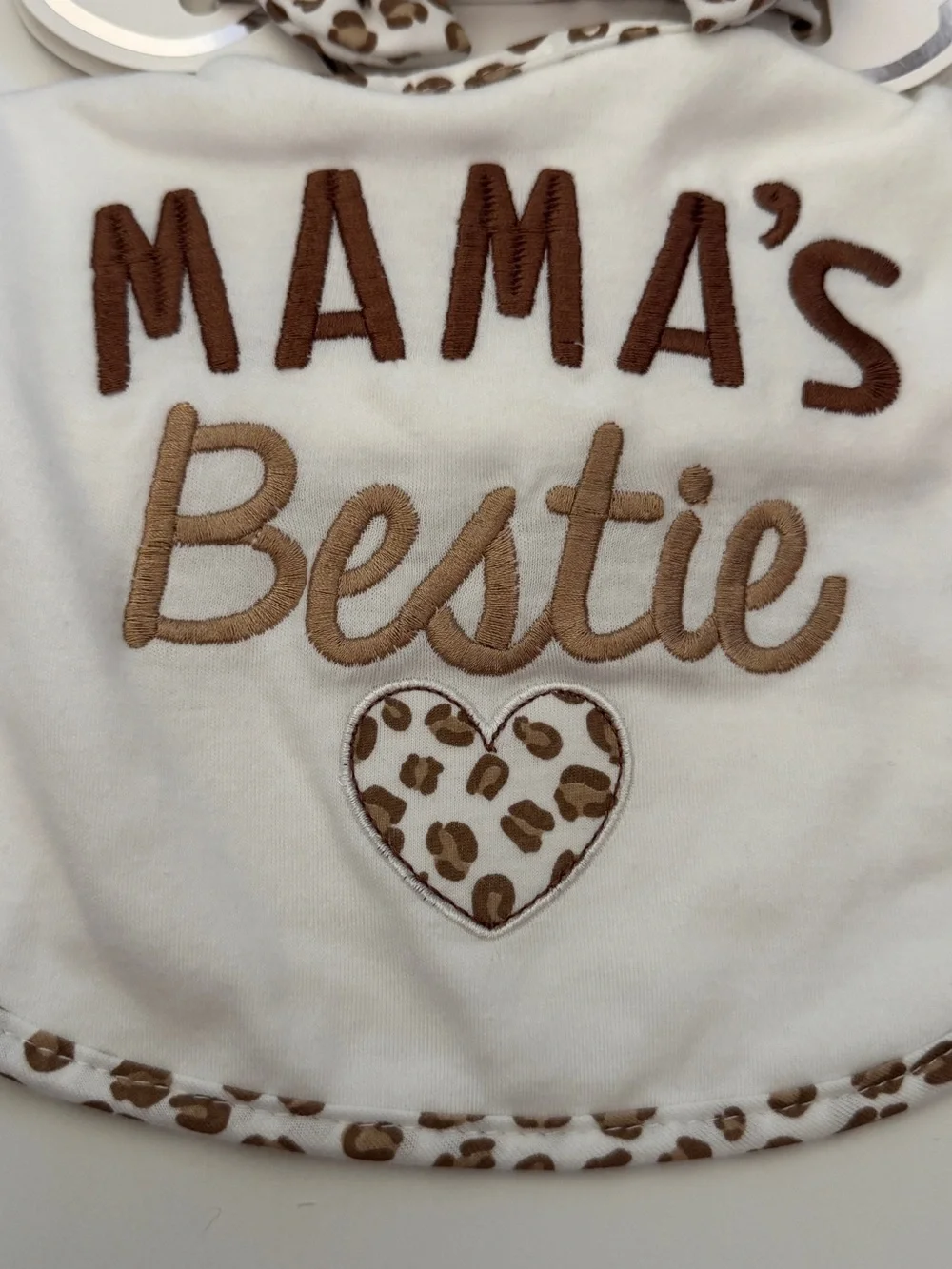Baby Essentials Bib & Leopard Print Headband Bow Set NEW “Mama’s Bestie”